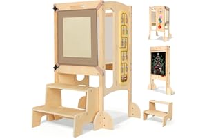 SOFTHOM Lernturm ab 1 Jahr, Lernturm klappbar für Kinder, 5-in-1 Multifunktionaler Learning Tower mit Tafel, 360° Sicherheitsnetz, Vormontage, Extra stabiler und praktischer Learning Tower, Natur