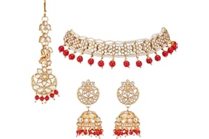 Jwellmart Gold Plated Faux Kundan Pearl Bridal Wedding Choker Necklace Earrings Tika Combo Set Bollywood Party Traditional Fashion Indian Jewelry Jewellery Set for Women