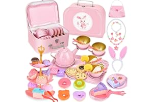 TOSZOLY 56 Piezas Juego de Té para Niños, Juego de Té Infantil para Fiestas del Té, Accesorios Cocina Juguetes para Niñas 3 4 5 6 7 8 Años con Accesorio para el Cabello con Orejas de Conejo, Collar y Bolso