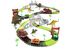 EagleStone Dinosaur Track Adventure Set, 194PCS Buildable Train Tracks with 2 Light-Up Cars, Dino Bridge, Tunnels & 2 Realistic Dinosaurs, STEM Toy Gift for Kids Boys Girls