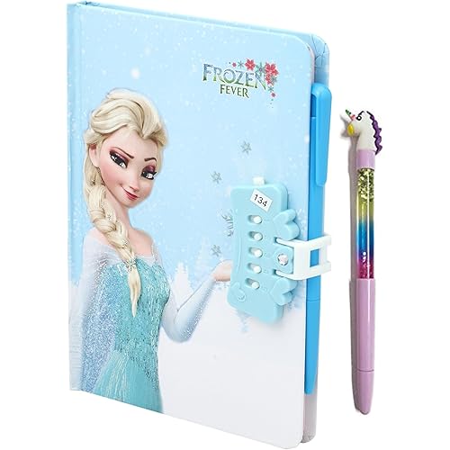 SHREE TECHNESH Freezing Angel Printed Design Secret Personal Lock Dairy With Sparkling Water Gel Pen (21 X 14 X 3 Cm), 80 Pag