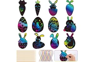 ARDFFA 48 Stück Ostern Kratzbilder-Set für Kinder – Magische Regenbogen-Scratch-Papiere mit Hasen, Küken, Karotten & Ostereiern, DIY Osterbasteln inkl, 12 Holzstiften und 48 Bändern als Party-Deko