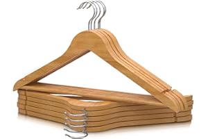 PORTENTUM Kleiderbügel Holz, 10 Stück, Naturfarben - 360° Drehbarer Haken, Rockkerben für Kleider und Blusen, Rutschfester Hosensteg, Geeignet für Anzüge, Hemden, Jacken