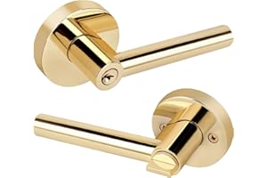 Gaurqiah Entry Door Lock with Keys,Heavy Duty Door Lever, Round Door Handle for Exterior/Interior Doors, Reversible Door Lever for Bedroom or Office-Polished Brass Finish