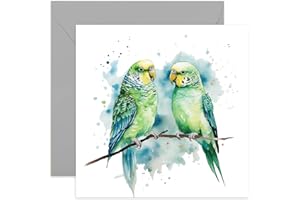 OLD ENGLISH COMPANY Old English Co. Aquarell-Sittich-Paar-Karte – niedliche Papageien-Sittich-Karte für Haustierbesitzer Geburtstag – niedliche Jubiläumskarte für Ehemann, Ehefrau, Freund, Freundin | innen unbeschriftet