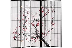 ‎HOMESTYLE4U Homestyle4u Paravent Raumteiler 5 teilig Holz Schwarz Reispapier Weiß Kirschblütenmuster Sichtschutz Trennwand | Artikel 151