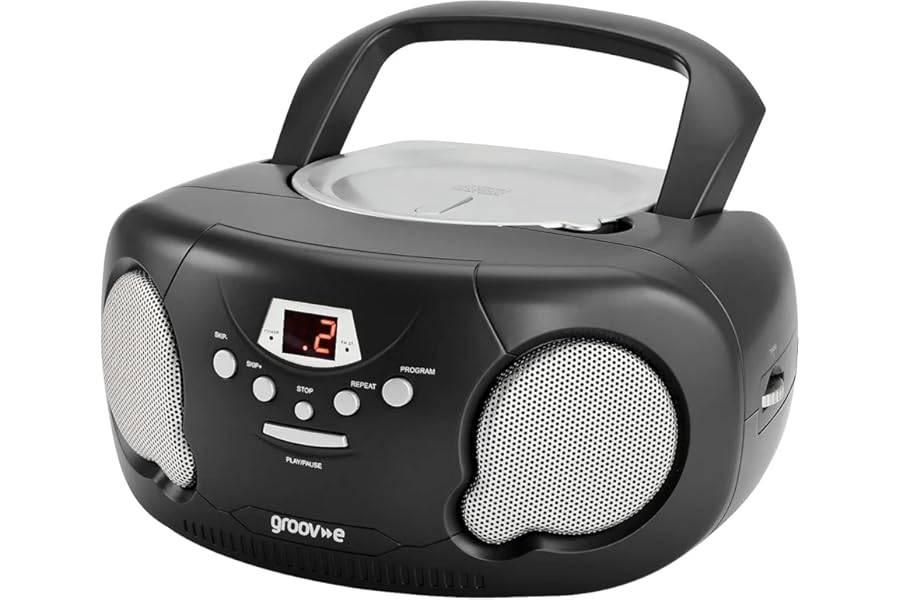 Groov-e Original Boombox - Portable CD Player with Bluetooth, Radio, 3.5mm Aux Port, & Headphone Socket - LED Display, 2 x 1.2W Speakers - Battery or Mains Powered - Black