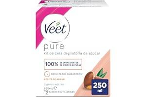 Veet Tarro Cera Depilatoria con Aceite de Argán para Todo Tipo de Pieles – Cuerpo y Rostro - 250 ml con Bandas de Tela Reutilizables