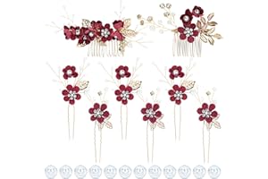 inSowni 20 Pack Decorative Flower Bridal Wedding Hair Side Combs+U-shaped Flower Hair Pins+Twist Spiral Pearl Hair Pins Headpieces Accessories for Brides Bridesmaids Women Girls (Wine Red)