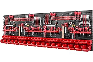 PAFEN Tool Wall Stacking Boxes – 2304 x 780 mm – Storage System Set Tool Holders and 46 Red Boxes – Wall Shelf Workshop Shelf Perforated Wall Storage Boxes