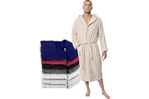 Twinzen Peignoir de Bain Homme - XS, S, M, L, XL, XXL - Blanc - 100% Coton avec Capuche - Certifié OEKO-TEX® - Robe de Chambre Eponge 2 Poches, Ceinture - Doux, Absorbant et Confort