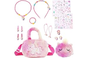 Xerteam Girl Handbag Gifts for Girls, 20 Pcs Crossbody Bag Plush with Kids Dress Up Set, Necklace Earrings Hair Ropes Bracelet Stickers for Ages 3-8 Favors Birthday Christmas Party