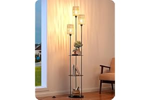 EDISHINE Lampadaire sur Pied Bohème Vintage avec Étagère de Rangement, 3 Abat-Jours en Rotin Naturel, 3xE27 Ampoules LED Incluses, Interrupteur au Pied, Lampe Salon, Chambre ou Bureau, 178 cm