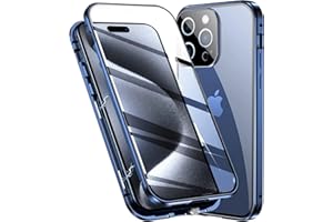 Colala Hülle für iPhone 15 Pro Magnetische Adsorption Handyhülle Hartglas mit Vorderseite und Rückseite,Metallrahmen Case mit Eingebaut Magnet,Ultra Dünn 360 Grad Schutzhülle - Blau