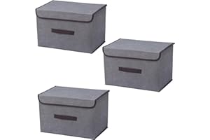 EURXLQ 3 Składane pudełko do przechowywania z pokrywką Składany pojemnik do z lnianej tkaniny z klapką i uchwytami, koc na ubrania do Domu, Szafa (Szary, 36×23×24 cm)