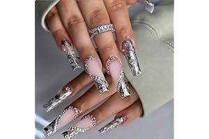 GlamRays 24 sztuki French Tip Press On Nails długie kwadratowe sztuczne paznokcie srebrne francuskie sztuczne końcówki z kamieniami szlachetnymi Charms Design Klej Nails 3D serce