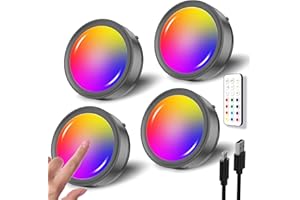 TEDMOS Spot LED RGB Sans Fil Rechargeable USB, Noir Lampe de Placard Couleur Lampe Vitrine USB avec Telecommande Spot Cuisine Sous Meuble Autocollant Lumiere Armoire Rond Veilleuse Tactile Murale Adhesive