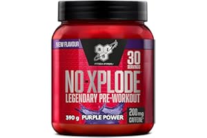BSN Nutrition N.O.-Xplode Suplemento Alimenticio en Polvo para Preentrenamiento, Apoyo de Energía y Concentración con Cafeína, Aminoácidos, Vitamina C y Zinc, Explosión Púrpura, 30 Porciones, 390 g