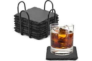 ZANFQVO Getränkeuntersetzer Schiefer, 8 Stück schwarzer Schieferstein mit Halter, Glas Untersetzer mit Halter, Getränke Tischuntersetzer für Bar, Küche, Heimdekoration, quadratisch 10x10 cm