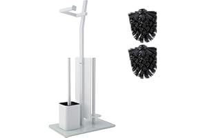 SMARTPEAS Ensemble Porte-Papier De Toilette pour Salle De Bain - Blanc - Porte-Papier De Toilette en Acier Inoxydable Chromé - Base en Verre - Dimensions : 32X20X70Cm - Montage Facile - 1+2 Brosses De Toilette
