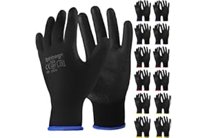 Rainberg Pack of 12 or 24 Safety Gloves, Work Gloves, with Secure Grip on Palm & Fingers, PU and Nylon Non-Slip Gloves, Ideal for General Duty Work, Gardening. (Pack of 12 Pair's, Large)