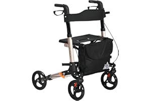 HOMCOM 4 Wheel Rollator with Seat and Back, Folding Mobility Walker with Carry Bag, Adjustable Height, Dual Brakes, Cane Holder, Lightweight Aluminium Walking Frame for Seniors and Disabled, Gold Tone