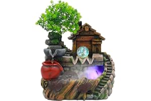 KinHall Zimmerbrunnen mit Nebel LED Beleuchtung, Tischbrunnen Zimmerbrunnen GartenAquariumHarz Desktop-Brunnen mit Pflanzen Zimmerspringbrunnen Wasserfall (81251)