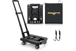 POWSTR Folding Hand Truck 4 Wheels Trolley on Wheels with 2 Elasticated Cords,Portable Dolly for Moving,180 Kg Capacity Heavty Duty Luggage Cart for Travel,Moving,Shopping
