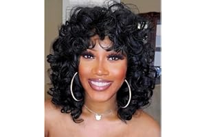 PORSMEER Perruque Afro Femme Naturelle Courte avec Frange Perruque de cheveux bouclés,Couleur noire frisée fibre synthétique résistante à la chaleur,perruque courte bouclée lâche noire