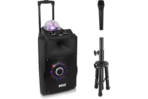 Pyle Portable PA System 30cm, 700W Bluetooth Party Speaker, Rechargeable DJ Sound System with Disco LED Lights, Wireless Microphone, USB/SD/Radio, Recording Mode, Battery Powered Speaker