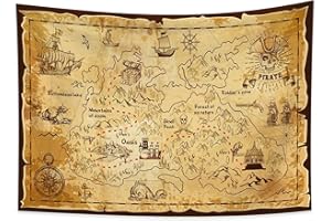 YONGFOTO Tapisserie Carte Au Trésor Pirate, Drapeau Pirate Carte Trésor Ouest Île Itinéraire Occidenta Navigation Decoration Murale Poster Pour Dortoir Housse Lit Canapé, 100x70cm