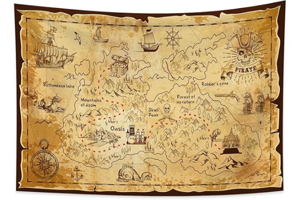 YONGFOTO Tapisserie Carte Au Trésor Pirate, Drapeau Pirate Carte Trésor Ouest Île Itinéraire Occidenta Navigation Decoration Murale Poster Pour Dortoir Housse Lit Canapé, 100x70cm