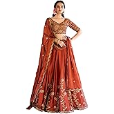 JIHU CULTURE Women's Orange Sequence Embroidery Work Silk Semi-Sttiched Lehenga Choli-JH290ORG