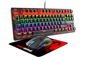 FELICON Set Tastiera e Mouse Gaming Cablati USB, Blue Switch Tastiera da Gioco Meccanica con 88 Tasti, 8 Rainbow Backlit, Mouse Game Ultraleggero Struttura Nido d'ape 6400 DPI+Tappetino Mouse per PC Mac-Nero