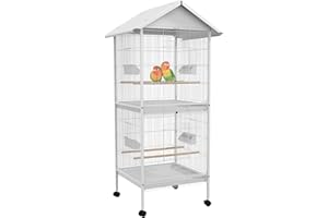 PawHut Jaula para Pájaros Grande de 2 Pisos Convertible en Sola Jaula con Ruedas 4 Comederos 4 Perchas y Bandejas Extraíbles para Canarios Loros 78x75x168 cm Blanco