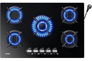 WEHIMO Gaskochfeld 5 Flammig, Gasherd 77cm, Glas Einbau-Gaskochfeld Dicke 8 mm, Schwarz Gaskochfeld mit Automatischem Flammenschutz, Gas Stove für Erdgas oder LPG, 10500W, 127-240V