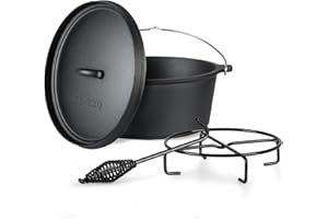ToCis Big BBQ four néerlandais Galloway en fonte | marmite en fonte pré-culottée | Marmite avec lève-couvercle, support de couvercle ou support de casserole (5,7 Litres sans Pieds)