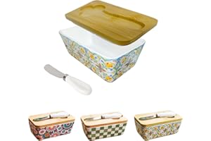 BCUUOZEEING Maselniczka porcelana – 14,8 x 8,5 x 6,5 cm, 350 ml, duża pojemność, porcelanowa, z drewnianą pokrywką i nożem do masła, do przechowywania masła i dekoracji kuchni domowej - A