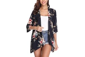 Irevial Cardigan Donna Chiffon Kimono Estivo Elegante Copricostume Mare Maniche a 3/4 Stampa Floreale Bluse Top per Spiaggia Party Vacanze