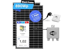 Balkonkraftwerk 800W Komplettset - KLARBEIT | 2x Full Black Solarmodul 415W | 800W Wechselrichter Deye SUN-M80 | WLAN-Anbindung | 25 Jahre Leistung | Photovoltaik für Steckdose, 800 Watt, 3 Meter