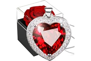 WILLUCK Preserved Real Rose with Crystal Necklace,Forever Red Rose with Women Heart Necklace,925 Sterling Silver Ruby Birthstone Pendant in Eternal Rosebox,Infinity Gift for Her On Christmas valentine