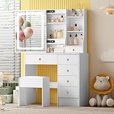 Saimeihome - Dressing Table with LED Lighting, Stool, Makeup Table with 3 Brightness Colours, 6 Drawers and 6 Shelves, 80 x 3