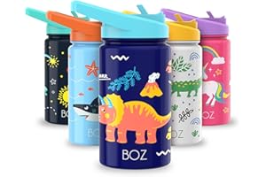 BOZ Botella Agua Niños con Pajita - Botella Agua Acero Inoxidable 414 ml, Botella Térmica Aislamiento Doble Pared Sin BPA, Botella Isotérmica Antiderrame con Asa Apta Lavavajillas (Dinosaurio)