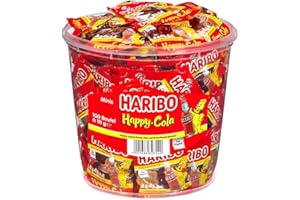 Haribo Happy-Cola Minis – 100 Stück in Vorratsdose – 1 kg Fruchtgummi mit Cola-Geschmack – Kult-Süßigkeit für Party, Büro & Kinder