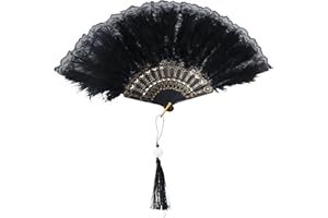 YILANJIN Feather Feather fan, Black Lace Handbag Hand Fan for Elegant Dance, Vintage Style for Halloween, Tea Party, Wedding (Black)