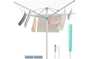 SONGMICS Étendoir à Linge, Séchoir, Réglable en Hauteur, Corde de 50 m, Jusqu’à 5 Machines de Linge, Extérieur, Jardin, avec Piquet de Sol, Pinces, Argent et Vert LLR301E01