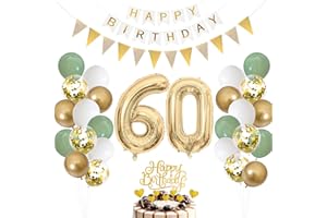 MOORLE 60.Geburtstag Deko Salbeigrüne, Luftballon 60. Geburtstag Männer Frau, Ballon 60. Geburtstag Grün Weiß Gold, Zahl 60 Folienballon, Geburtstag Tortendeko für 60 Geburtstag Dekoration