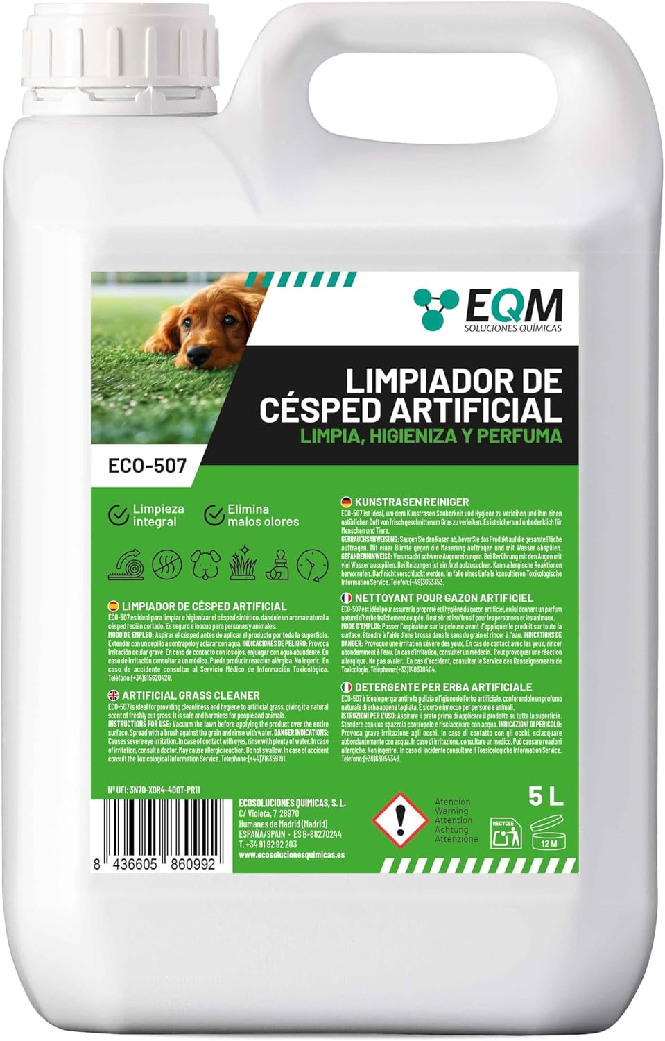 EQM - ECO-507 - Limpiador e Higienizante de Césped Artificial - 5L - Limpia, Higieniza y Perfuma - Formato Ahorro, Larga Duración - No Tóxico
