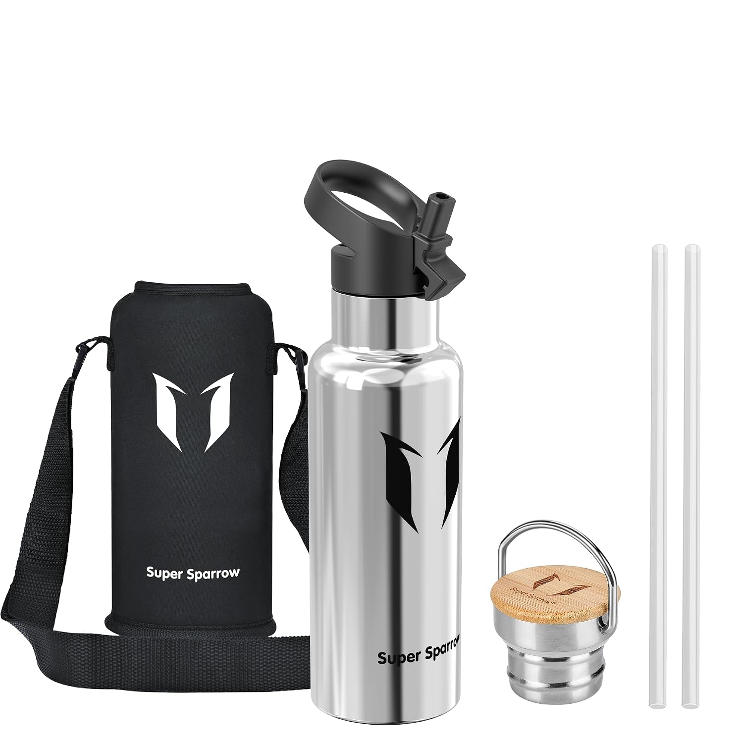 Sparrow Botella Agua Acero Inoxidable 500ml &750ml &1L- Botella con Pajita | Sin BPA & Fugas, Lavavajillas, Deporte, Gimnasio, Oficina, TwistTrail Botella Termica Tapa Pajita,Tapa Asa & Funda
