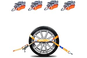 Lot de 4 Sangles d'arrimage pour Transport de Voiture, 3 000 daN, 3 000 kg, 3 tonnes, 3 m, DIN en 12195-2 - Sangle d'arrimage pour sécuriser Les Roues sur Les remorques, Les Voitures, camionnettes